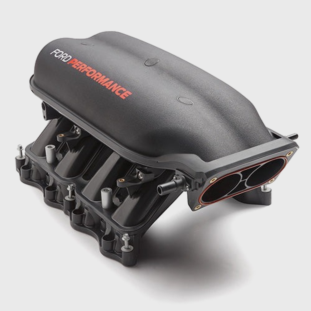 Ford Performance Mustang Cobra Jet Intake Manifold for 2011-2023 5.0 engine, engine intake component with detailed metallic finish.