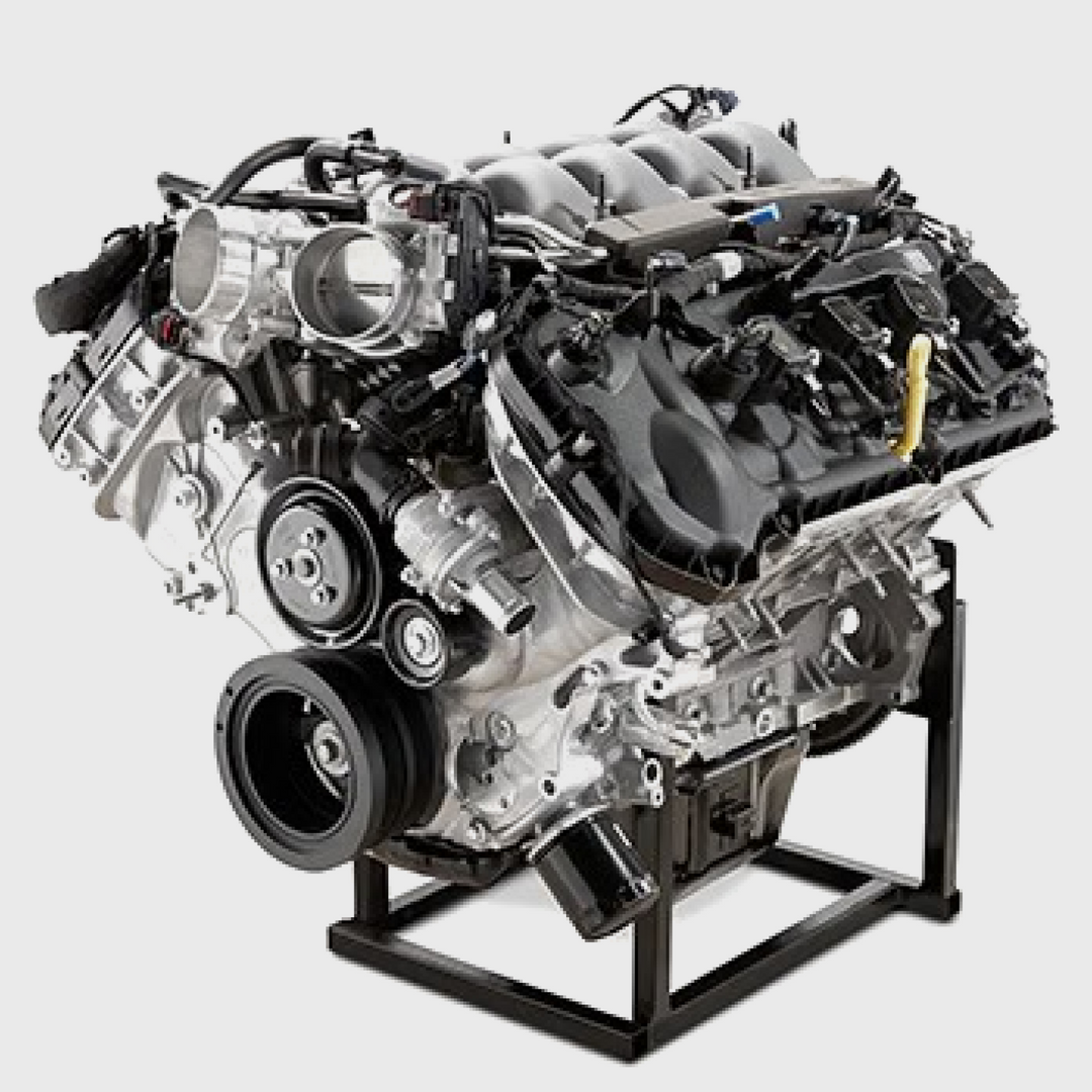 Ford Performance GEN 4 Coyote 5.0L Aluminum Crate Engine NA, close-up of the high-performance engine with metallic finish.