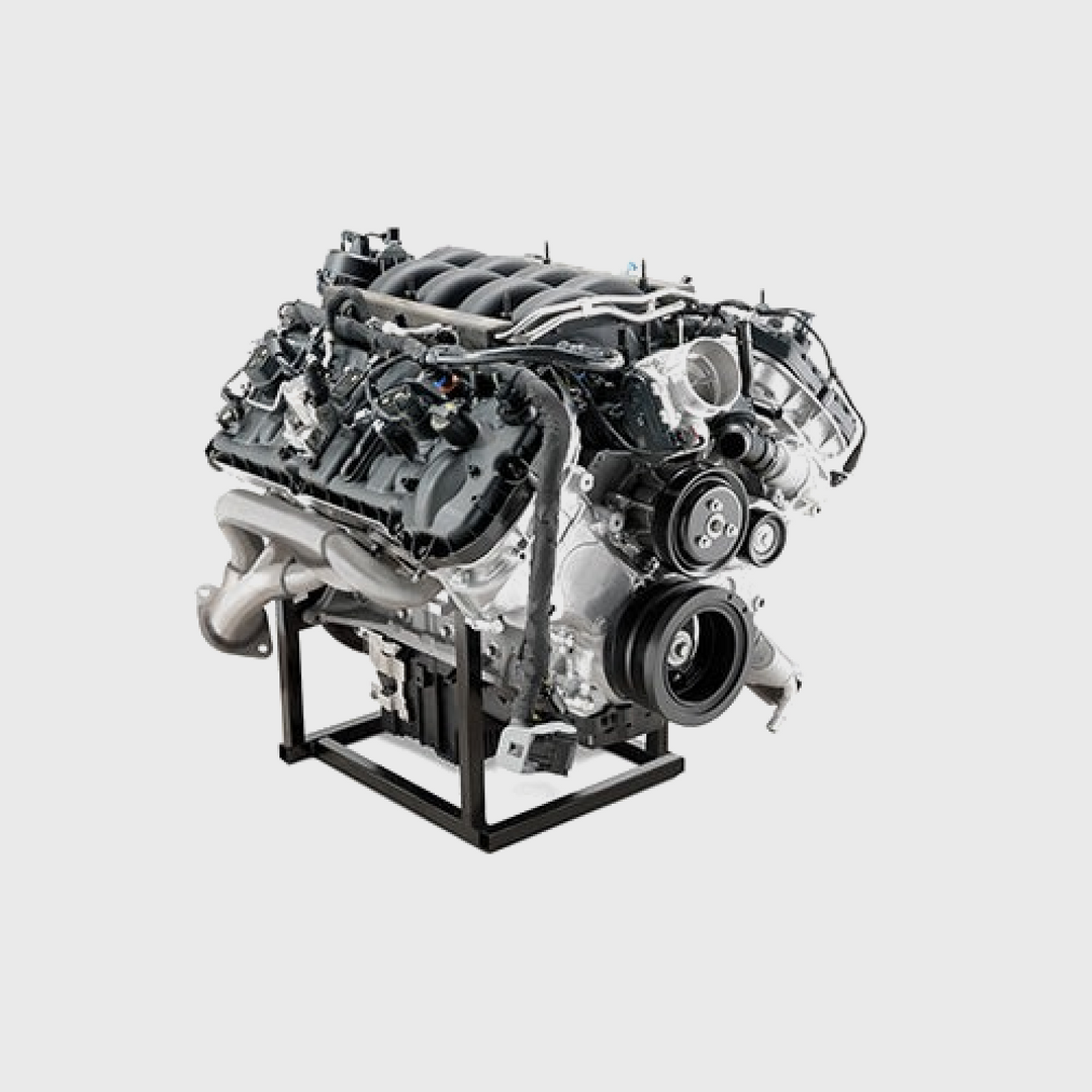 Ford Performance GEN 4X 5.0L Mustang Coyote crate engine with 460 horsepower, shown with engine components and branding.