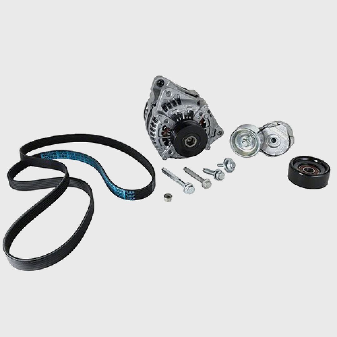 Ford Performance high output alternator kit for Coyote 5.0 engine showing the alternator and mounting components.
