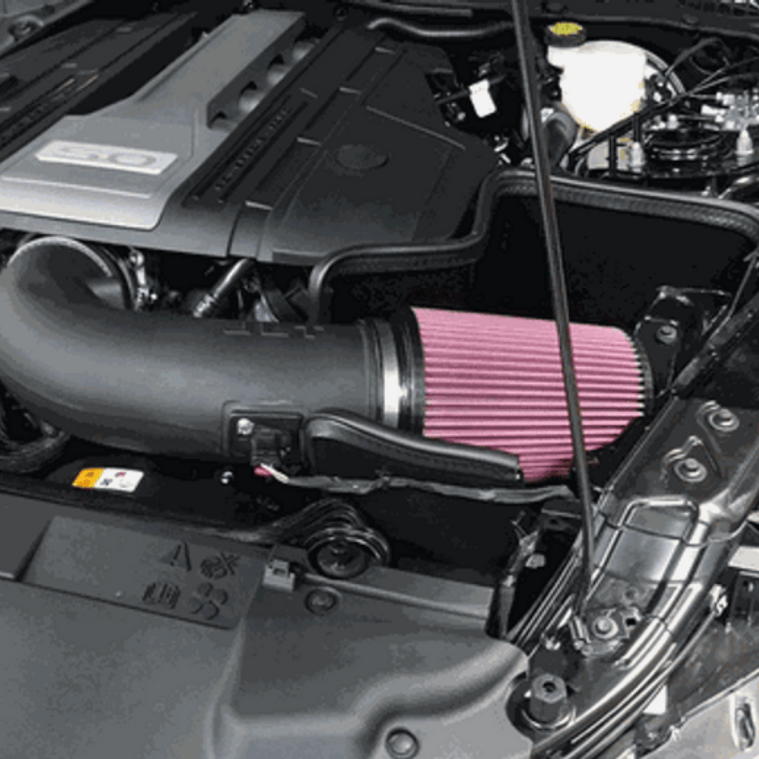 S&B cold air intake for 2018-2023 Mustang GT showing the black intake tube and filter element with branding details