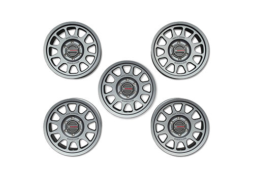 Set of five Ford Performance Bronco 17-inch gray Method wheels with center caps, featuring a sleek, durable design.