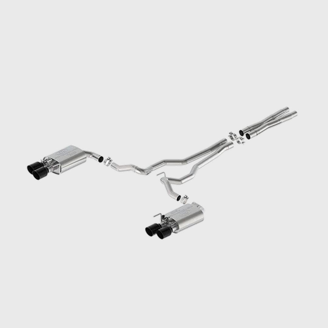 Ford Performance 2024 Mustang 5.0L exhaust with black tip, extreme active cat-back system, showcasing the sleek exhaust pipe and tip.