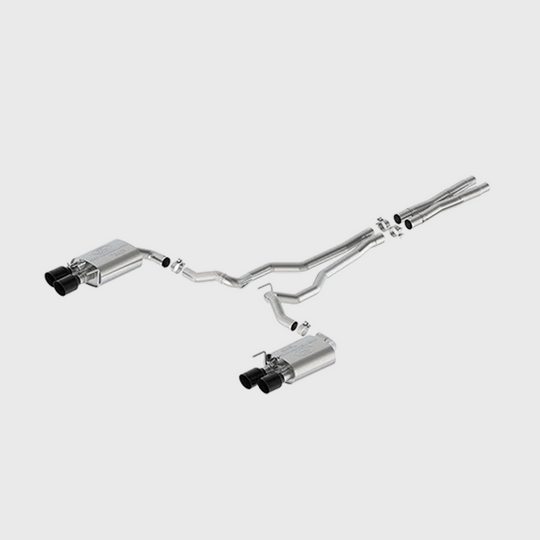 Ford Performance 2024 Mustang 5.0L exhaust with black tip, extreme active cat-back system, showcasing the sleek exhaust pipe and tip.