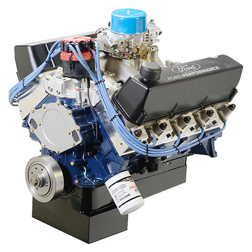 Ford Performance 572 cubic inch, 655 HP big block street crate engine with front sump pan, shown with detailed engine components.