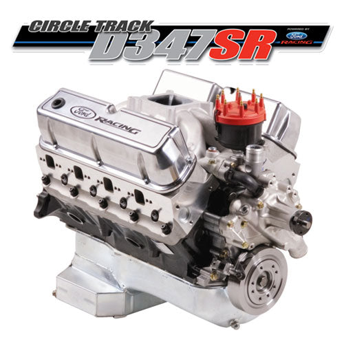 Ford Performance 347 cubic inch, 415 HP sealed racing engine with polished metal components and engine block details.