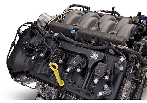 Ford Performance GEN 4X 5.0L Mustang Coyote crate engine with 460 HP, shown in a detailed view of the engine block.