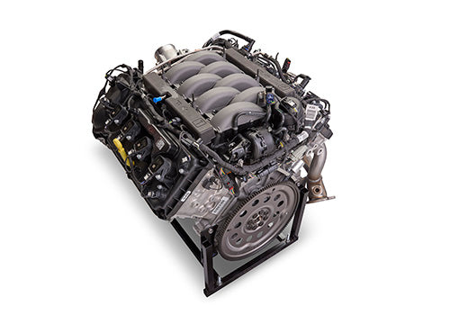 Ford Performance GEN 4X 5.0L Mustang Coyote crate engine with 460hp, shown in a detailed view of the V2 engine model.