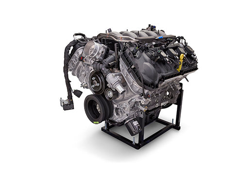 Ford Performance GEN 4X 5.0L Mustang Coyote crate engine with 460 HP, featuring detailed engine components and branding.