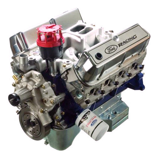 Ford Performance 347CI 350HP crate racing engine with sealed X2 cylinder heads, detailed view of engine components.