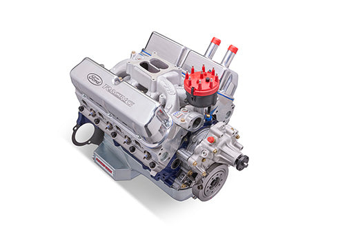 Ford Performance 347CI 350HP crate racing engine with sealed X2 cylinder heads, detailed view of engine components.