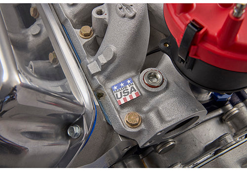 Ford Performance 347CI 350HP crate racing engine with sealed X2 cylinder heads, shown with engine components and detailed finish.