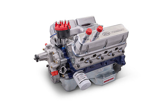 Ford Performance 347CI 350HP crate racing engine with sealed X2 cylinder heads, detailed view of the engine components.