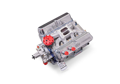 Ford Performance 347CI 350HP crate engine with sealed racing X2 cylinder heads, shown from front angle.