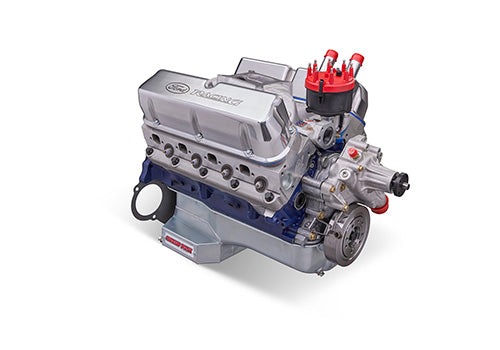 Ford Performance 347CI 350HP crate racing engine with sealed X2 cylinder heads, shown with engine components and branding.