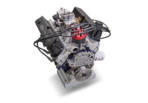 Ford Performance X2347D Street Cruiser crate engine with dual heads and front sump pan, shown from front angle.
