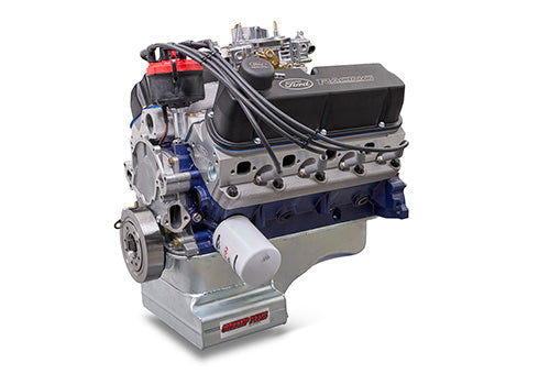 Ford Performance X2347D Street Cruiser crate engine with dual heads and front sump pan, shown from a front angle.
