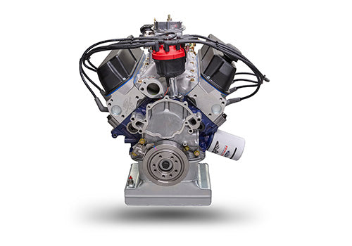 Ford Performance X2347D Street Cruiser crate engine with dual heads and front sump pan, shown from the front angle.