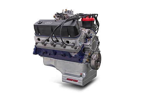 Ford Performance X2347D Street Cruiser crate engine with dual heads and front sump pan, shown from front angle.