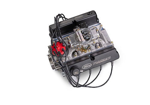 Ford Performance X2347D Street Cruiser crate engine with dual heads and front sump pan, detailed view of the high-performance engine.