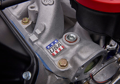 Ford Performance X2347D Street Cruiser crate engine with dual heads and front sump pan, displayed with detailed view of engine components.