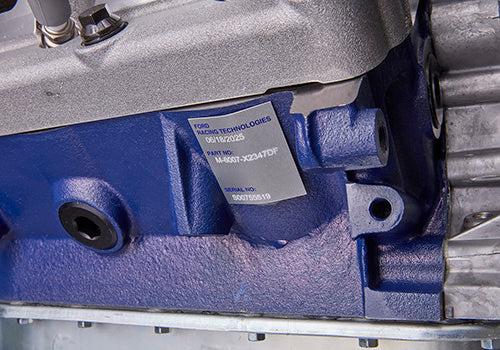 Ford Performance X2347D Street Cruiser crate engine with dual heads and front sump pan, shown from the front angle.