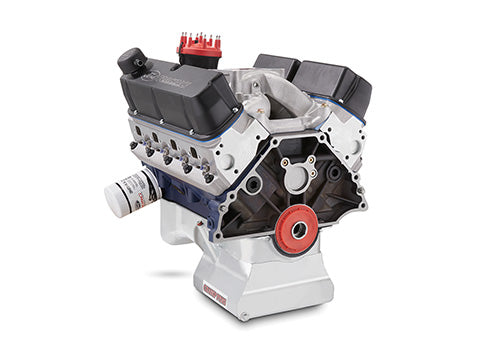 Ford Performance X2347D Street Cruiser crate engine with two heads and rear sump pan, showing the engine's detailed components and design.