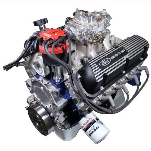 Ford Performance X2347D Street Cruiser dressed crate engine with dual heads and front sump pan, shown from front angle.