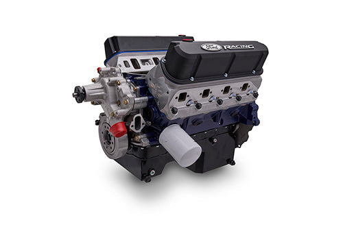 Ford Performance 363 cubic inch 507 HP crate engine with Z2 heads and rear sump pan, showing the engine's detailed components.