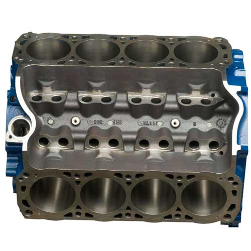 Ford Performance BOSS 302 engine cylinder block, sturdy metal construction with bolt holes and engine mounting points.