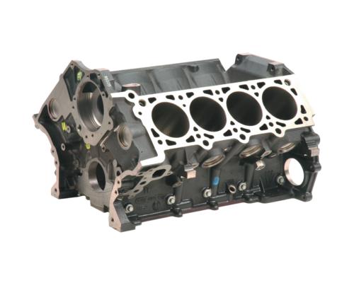 Ford Performance 5.0L cast iron modular Boss engine block M-6010-BOSS50, shown in image with detailed engine components.