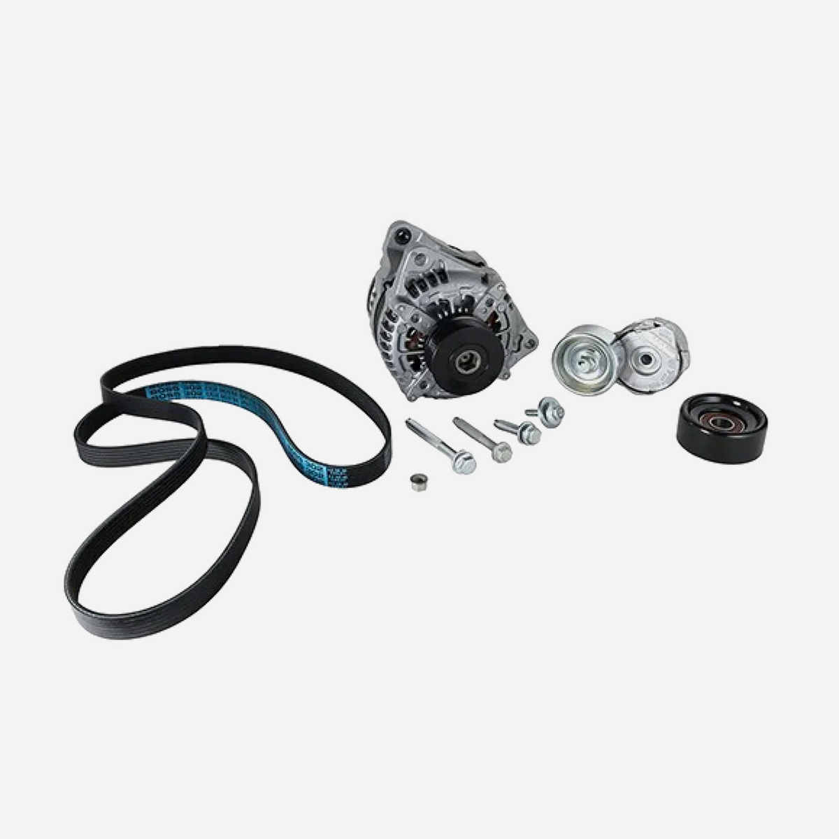 Ford Performance Mustang Boss 302 alternator kit with new alternator and mounting components on a clean background.