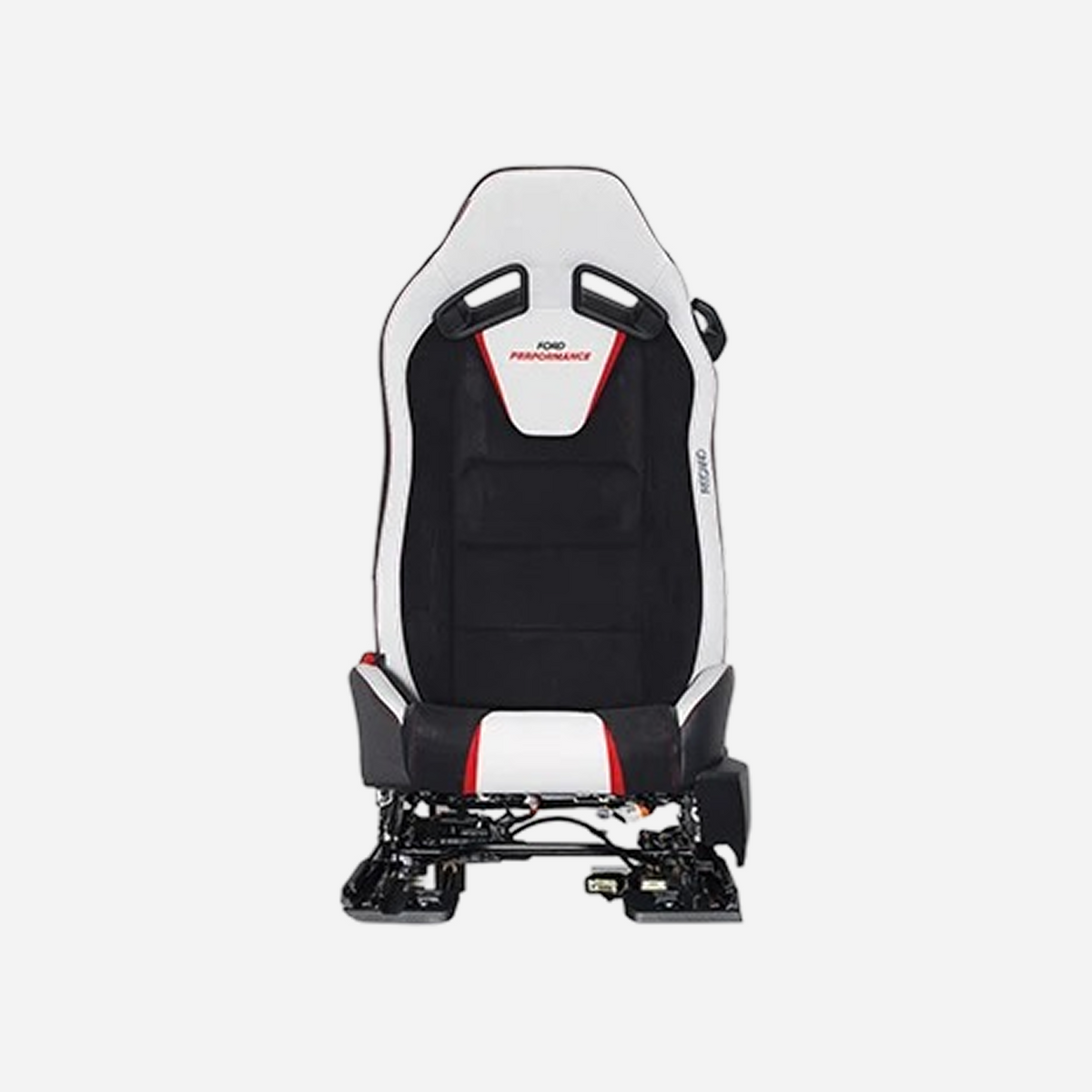 Ford Performance Mustang Recaro seat set featuring branded racing seats with red accents and sporty design for high-performance driving.