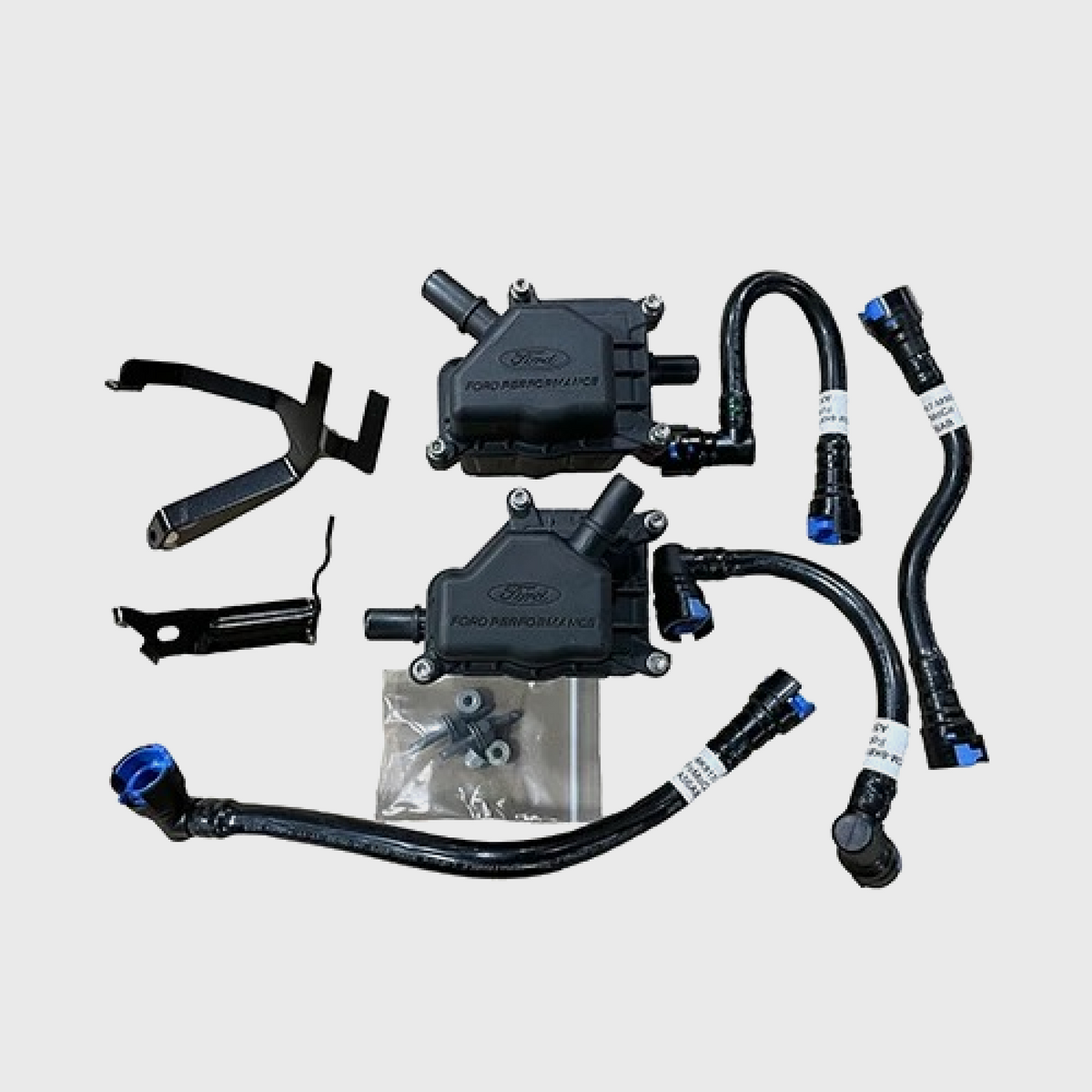 Ford Performance 2024 Mustang 5.0L oil separator kit L & R for improved engine oil and air filtration.