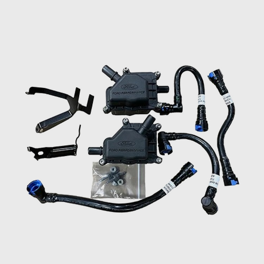 Ford Performance 2024 Mustang 5.0L oil separator kit L &amp; R for improved engine oil and air filtration.