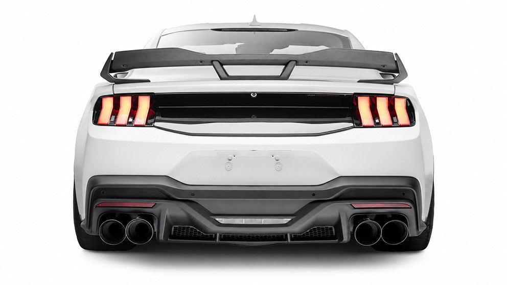 Ford Performance 2024-27 Mustang Stallion white tail lights, rear view showing sleek LED tail lamps with clear lenses.
