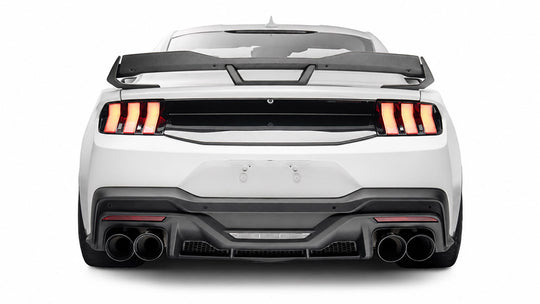 Ford Performance 2024-27 Mustang Stallion white tail lights, rear view showing sleek LED tail lamps with clear lenses.