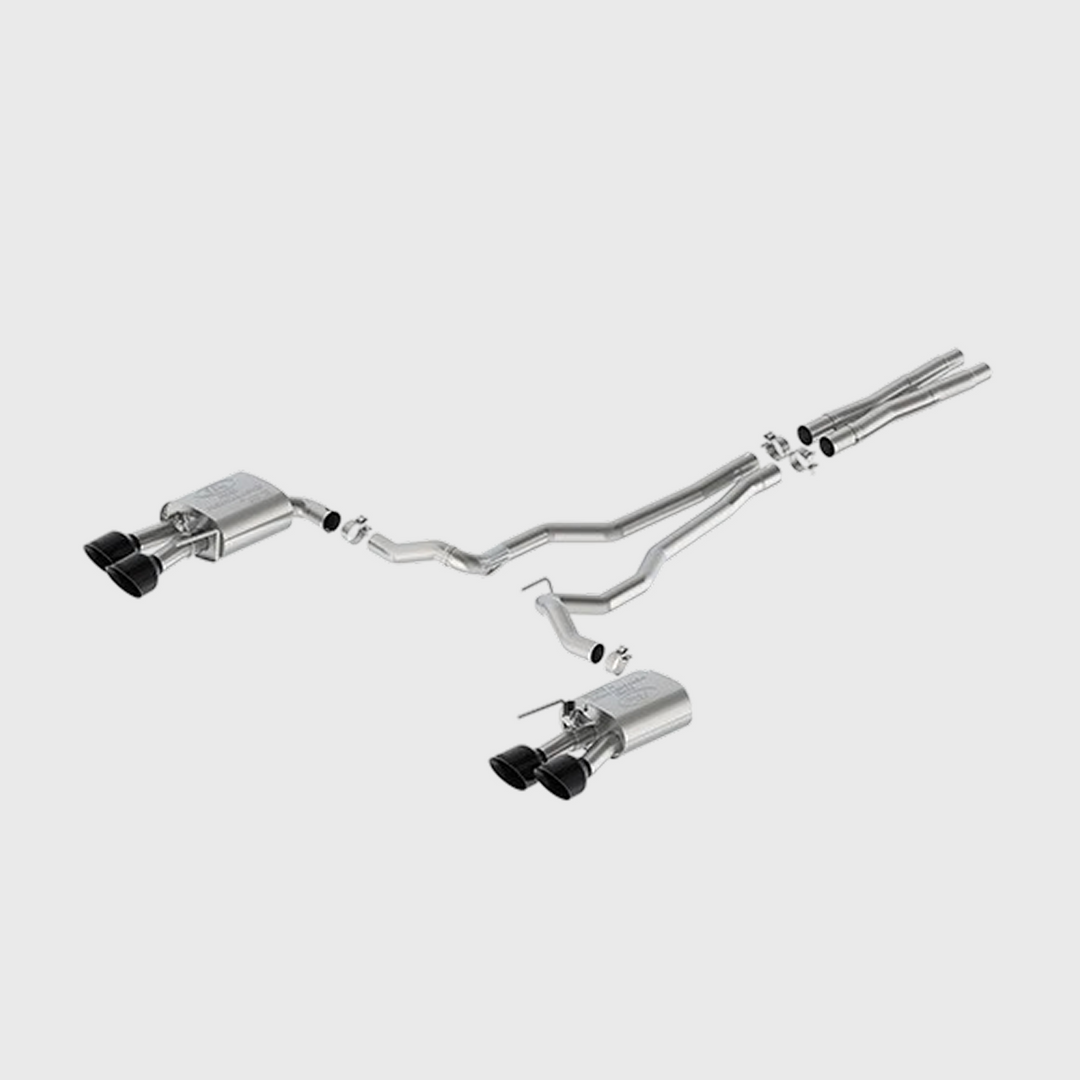 Ford Performance M-5200-M5EBVA 2024 Mustang 5.0L exhaust with black-tipped active valance in sleek black finish.