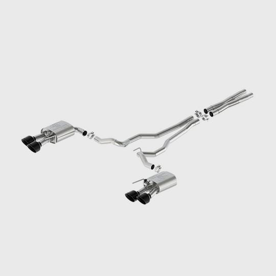 Ford Performance M-5200-M5EBVA 2024 Mustang 5.0L exhaust with black-tipped active valance in sleek black finish.