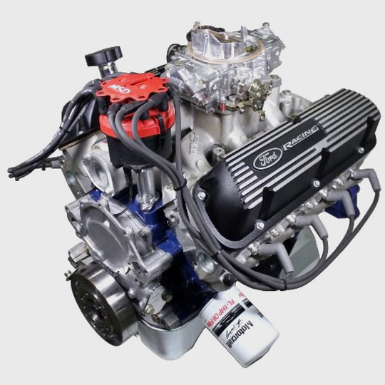 Ford Performance X2347D Street Cruiser crate engine with dual heads and front sump pan, shown with detailed engine components.