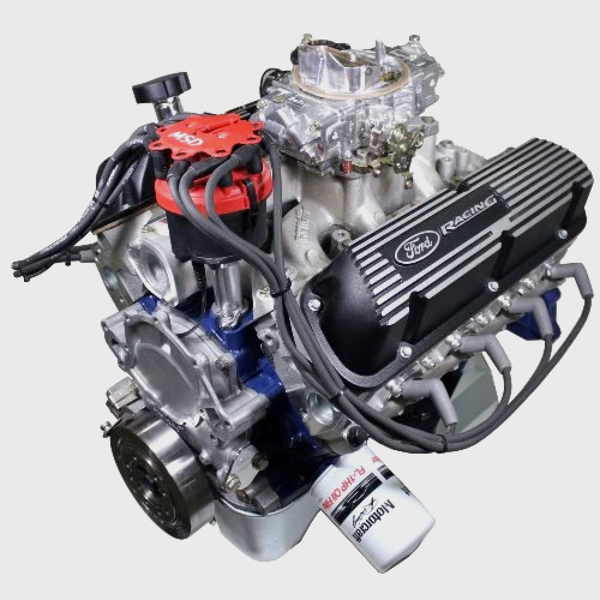 Ford Performance X2347D Street Cruiser crate engine with two heads and rear sump pan, shown with detailed engine components.