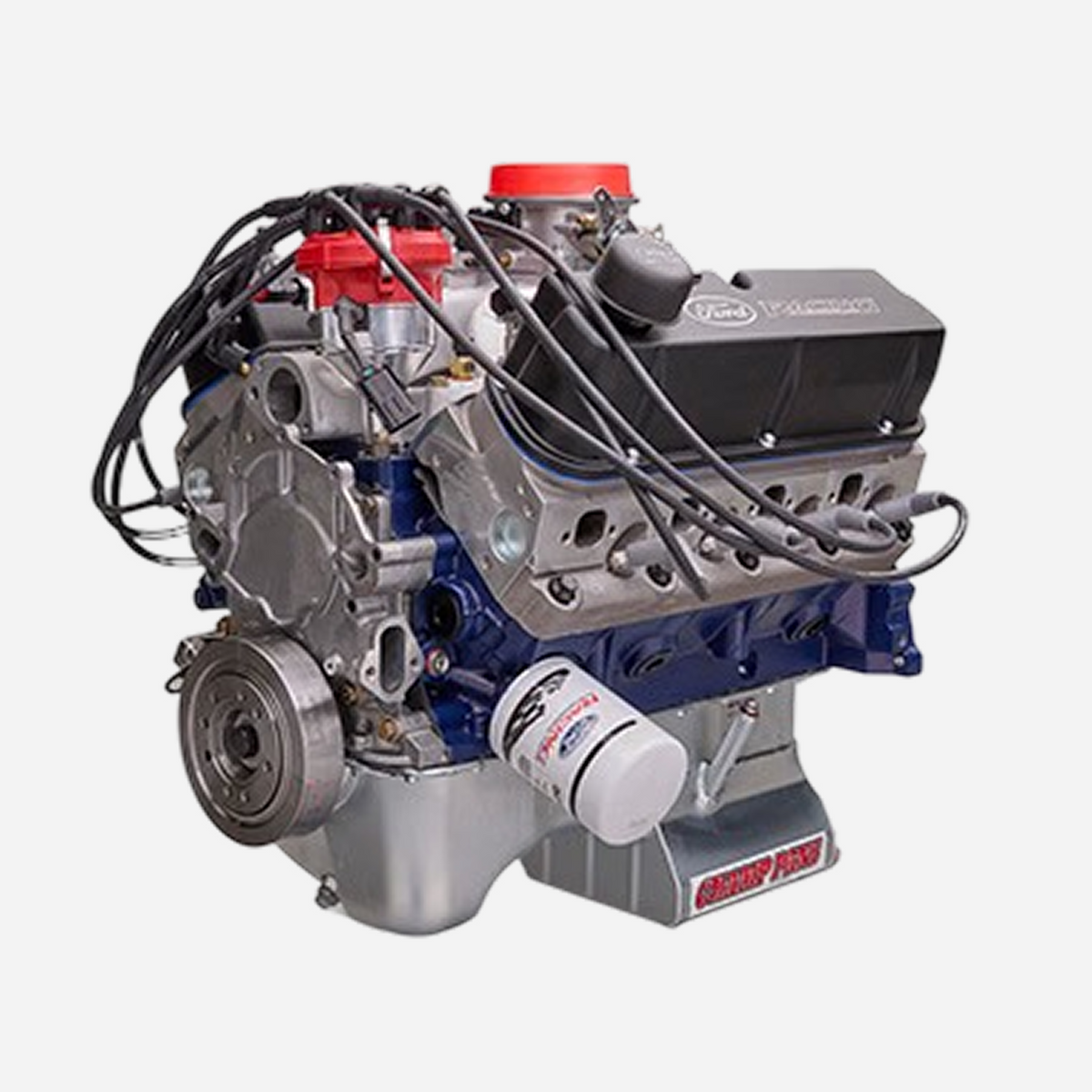 Ford Performance X2347 EFI dressed 360 HP crate engine with rear sump, shown in a close-up view highlighting engine details.