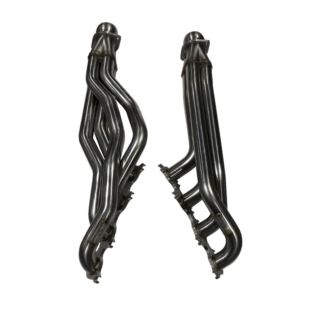 Kook's Headers 1-7/8 inch header and green connection kit for 2021-2026 Ford F150 Coyote 5.0L V8 engine, showing headers and fittings.