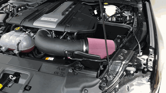 Black textured S&amp;B JLT Cold Air Intake installed in a 2018-2023 Mustang GT, with a tune required for optimal performance.