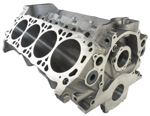 Ford Performance BOSS 302 engine cylinder block, new aluminum engine block with detailed castings and mounting points.